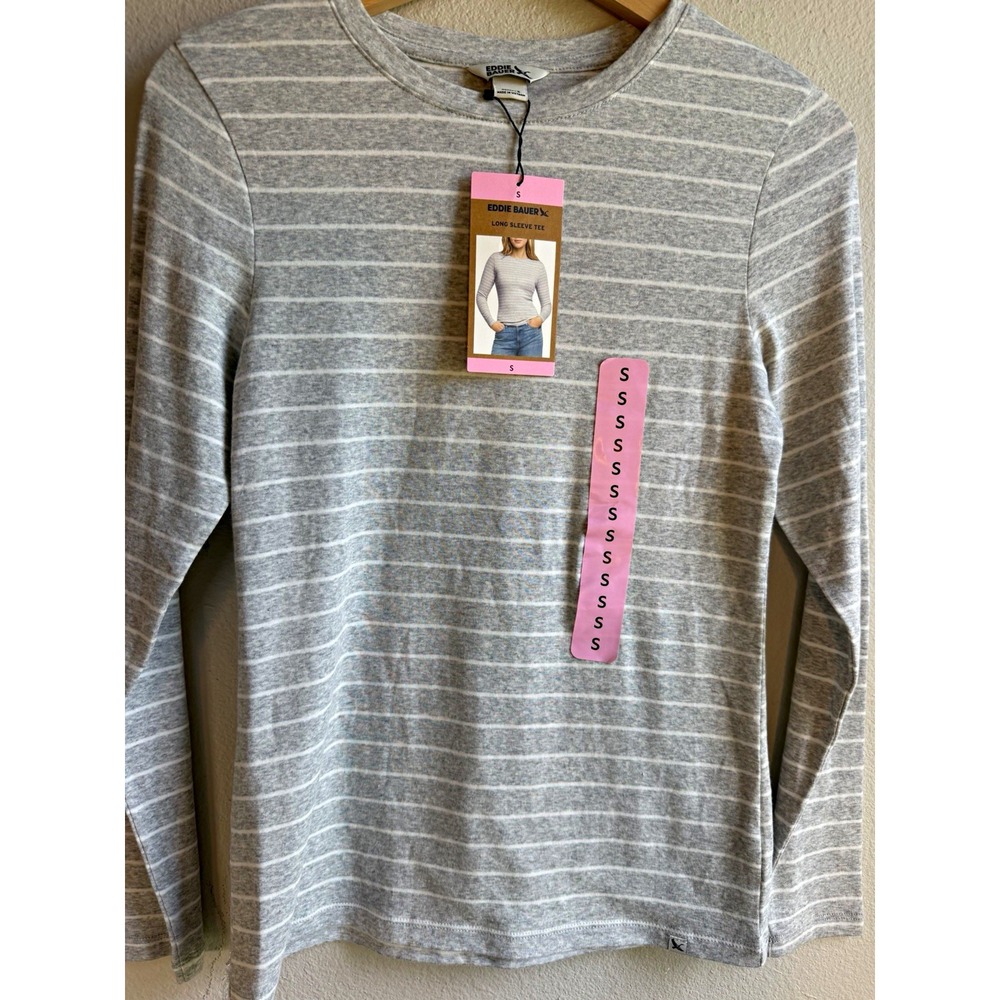 NWT Eddie Bauer Women's Gray/White Striped Crew Neck Long Sleeve Tee Logo Small